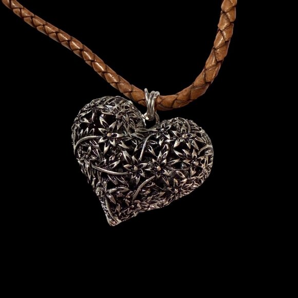 Source Unknown Jewelry - Braided Brown Leather Necklace With Silver-Tone Floral Heart Pendant